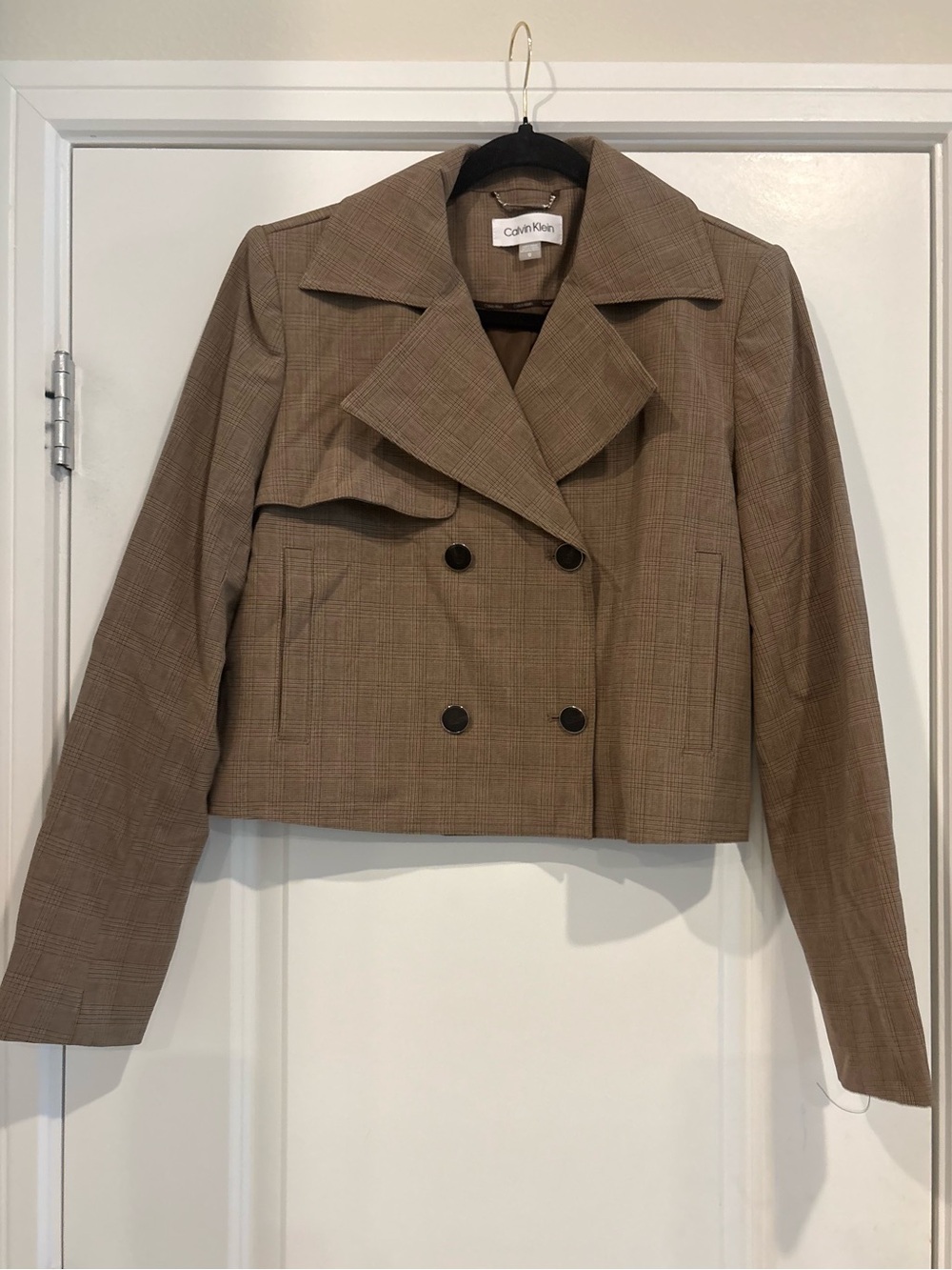 Calvin Klein Women's Cropped Double-Breasted Plaid Jacket - Tan